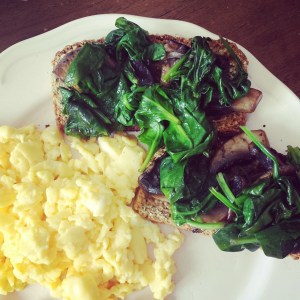 Sautéed mushroom-spinach-on-Irish-soda-bread-with-scrambled-eggs